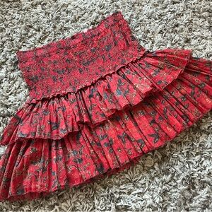 Isabel Marant Red Floral Smocked Tiered Mini Skirt